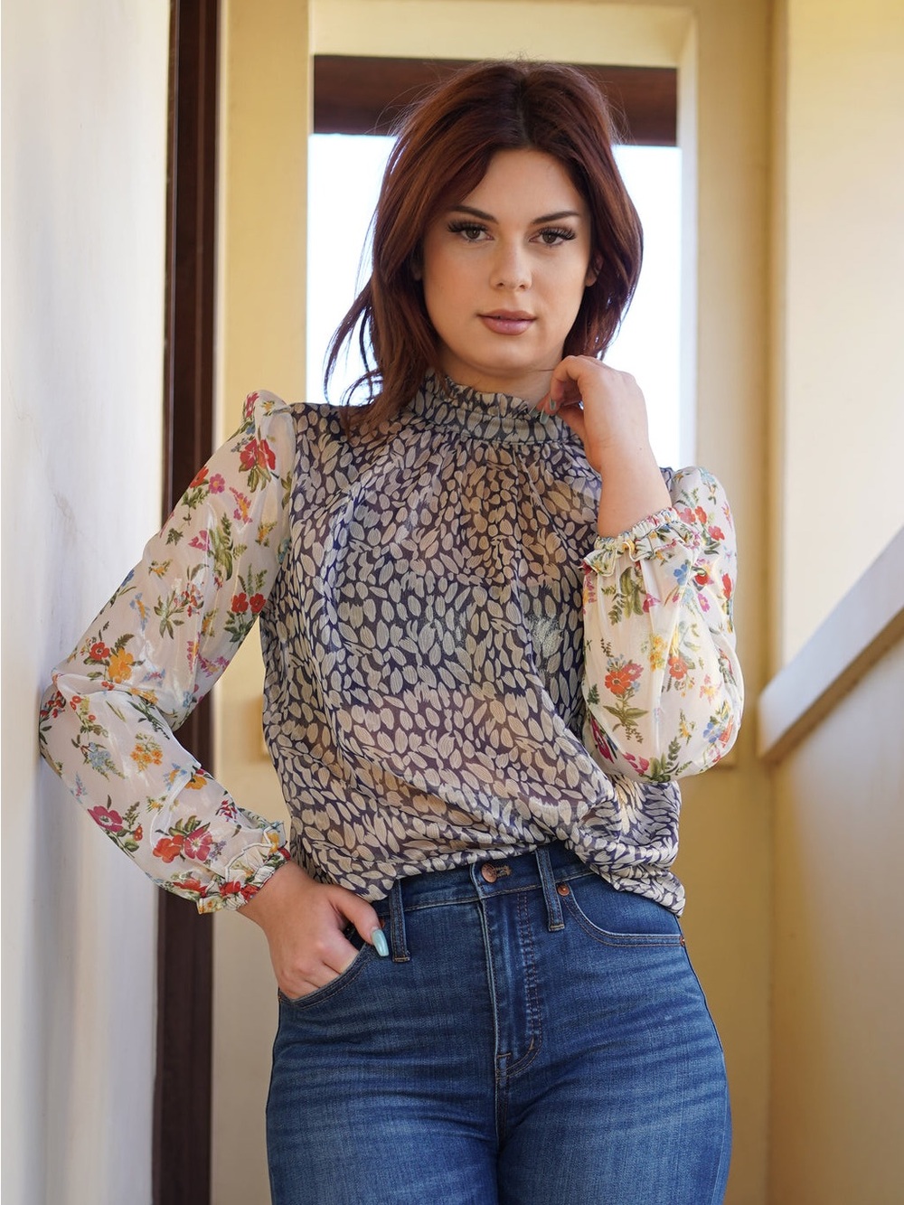 Current Air Mixed Floral & Abstract Mock-Neck Blouse in Cream and Blue